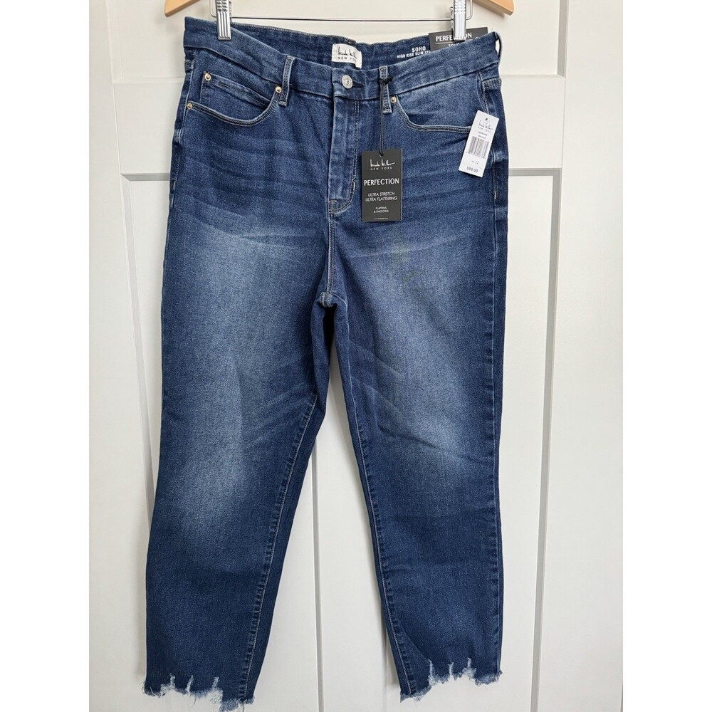 NWT Nicole Miller Perfection Stretch High Rise Slim Straight Jeans - 12  Raw Hem